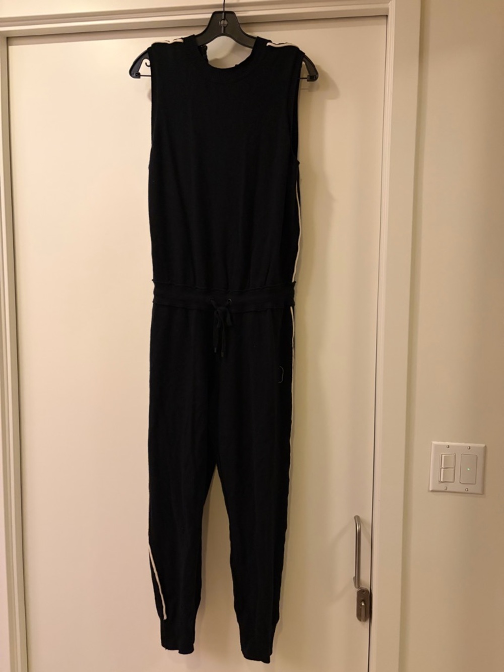 Sleeveless Black With White Side Stripe Drawstring Women's Jumpsuit